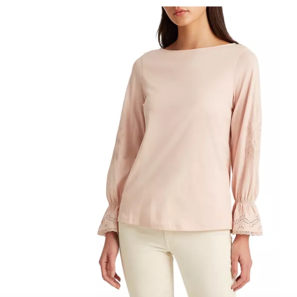 RALPH LAUREN Cottagecore Jersey Puff-Sleeve Top w/Eyelet Sleeves & Cuffs | NWT